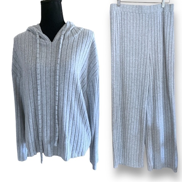 Vintage Wide Leg 2pc Ribbed Casual Lounging Tracksuit Grey XL - Picture 9 of 16